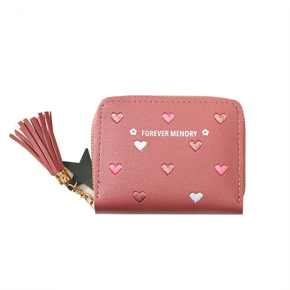 Womens Wallet with Zipper, PU Wallet Multi Function Folding with Star Tassels Pendant, Dark pink, Small