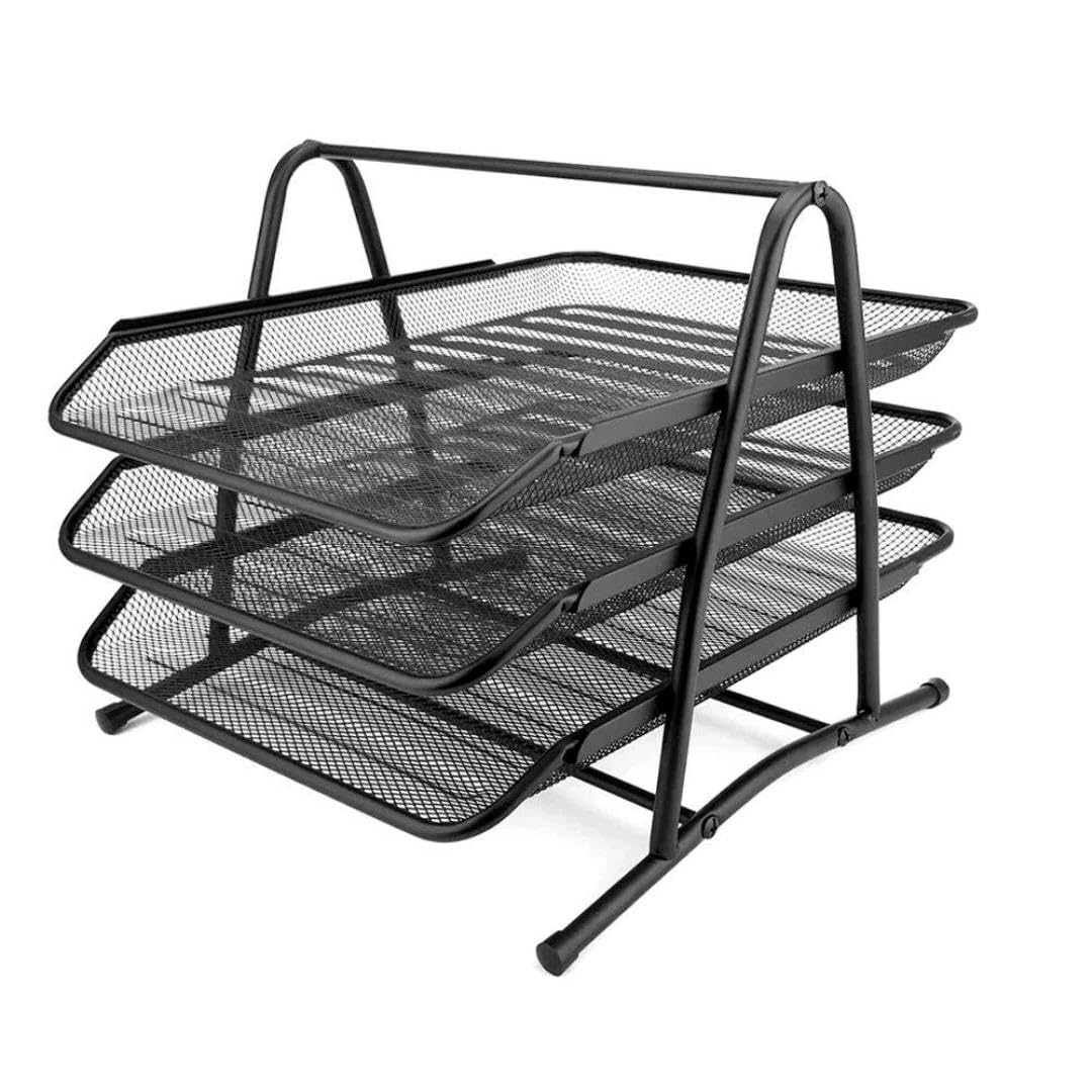 KROWN - Bandeja Organizadora de Escritorio Metalico, 2/3 Niveles para Folios, Hojas, Documentos, Oficinas, Bandeja de Cajón Fichero Estante, A4, Uso en Casa u Oficina, Color Negro (3 Niveles)