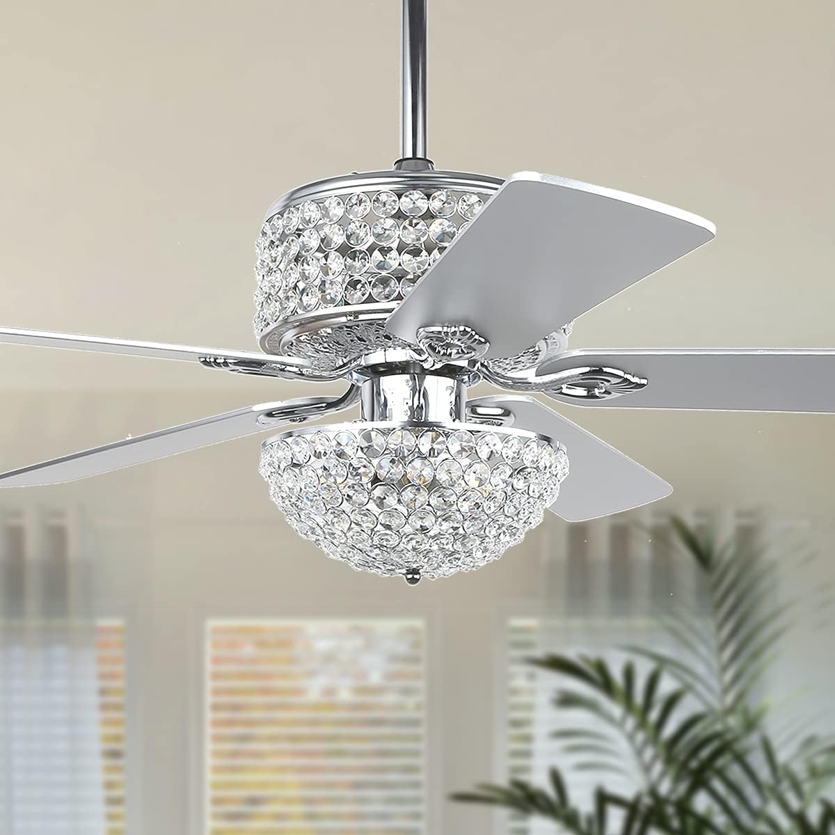 Crystal Ceiling Fan with Lights, 52” Modern Chandelier Fan with Remote Control, Quiet Fandelier with Reversible Dual Finish Blades, Indoor Fan Perfect for Living Room Dining Room, Bedroom, Silver Chrome