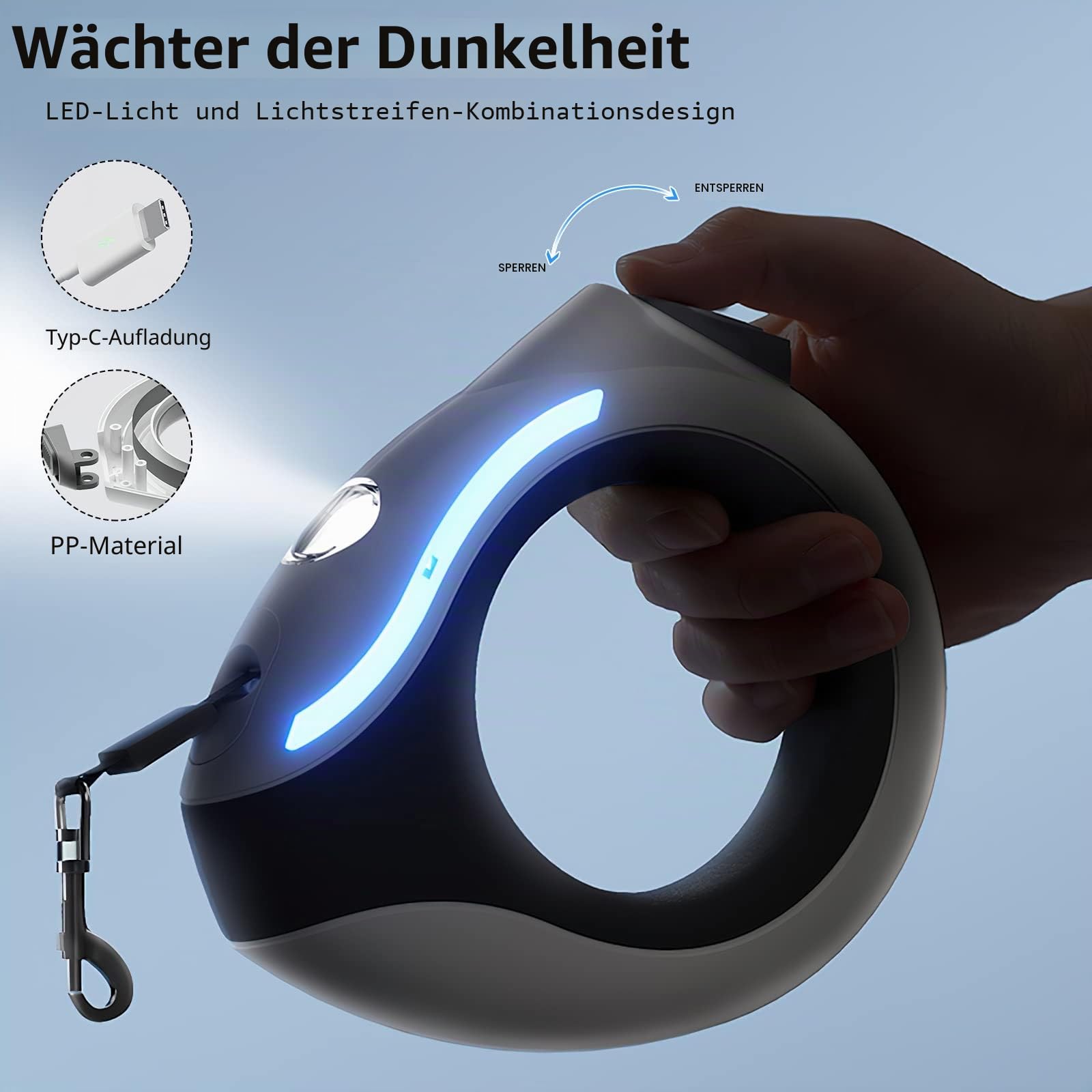 Galatée Einziehbare Hundeleine, 3m Ausziehbare Hundeleine Mit Led-Taschenlampe, EIN-Knopf-Bremse Und Schloss, Ausziehbare Hundeleine Für Hunde Bis 20 Kg(Weiß)
