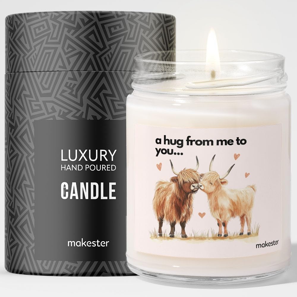 Highland Cow Gifts - Luxury Soy Wax Candle - Vanilla, Jasmine, Sugared Almond - Makester, White