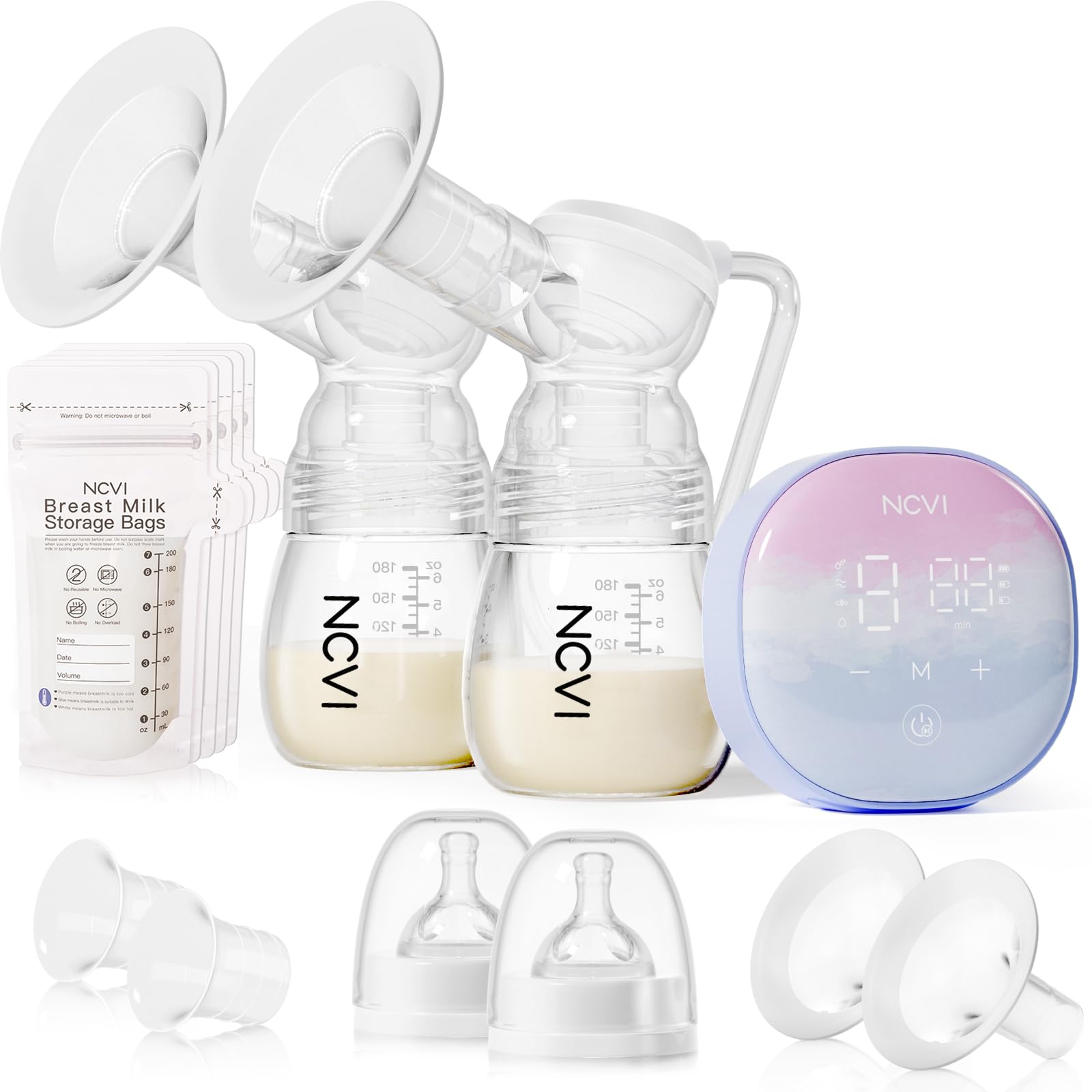 NCVI Double Electric Breast Pump 8122, Portable Milk Breastfeeding Pump with 4 Modes 9 Levels, Hospital-Grade Suction 280mmHg with 17/19/21/24mm Flanges for Home, Office and Travel, USB Rechargeable