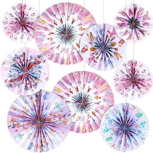 Outus 9 Pcs Spring Wildflower Party Butterfly Hanging Paper Fans Decorations Classroom Decoration Ceiling Wall Decor Tea Party Floral Baby Shower Baby in Bloom Birthday Boho Wedding(Butterfly)