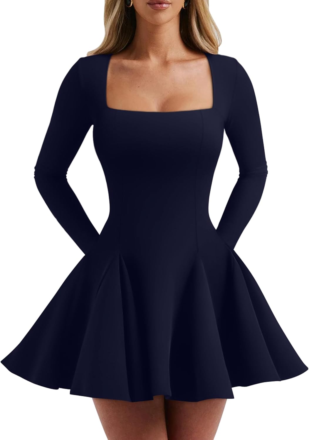 DAAWENXI Women's Sexy Long Sleeve Mini Dress Square Neck Bodycon Going Out Party Club Short Dresses