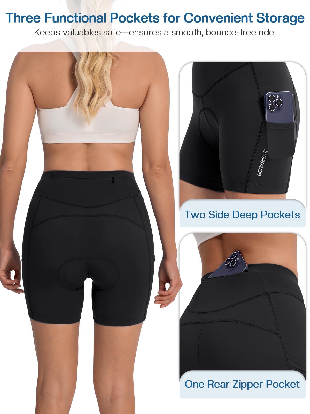 BERGRISAR Pantaloncini da ciclismo da donna imbottiti 4D con 3 tasche