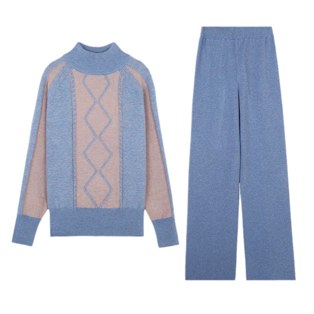 Ensemble pull en tricot bleu deux pièces tendance chaud à col roulé et pantalon à jambes larges pour automne décontracté, bleu, XL