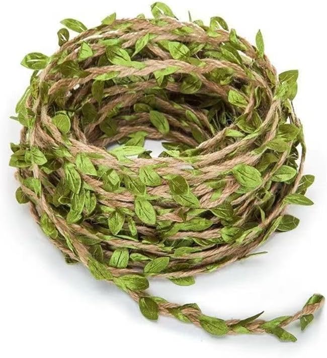 Natural Hemp Rope with Green Leaves,33 Foot Natural Jute Belt with Artificial Leaves, Suitable for Birthday, Wedding, Home, Garden, Jungle Party Decoration, and DIY Craft Decoration