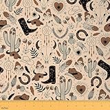 Western Cow Skull Fabric by The Yard,Tropical Ethnic Cactus Mushroom Decorative Fabric,Vintage Cowboy Hats Boots Quilting Supplies for Sewing,Farmhouse Exotic Plants DIY Crafts,1 Yard,36' L x 59' W