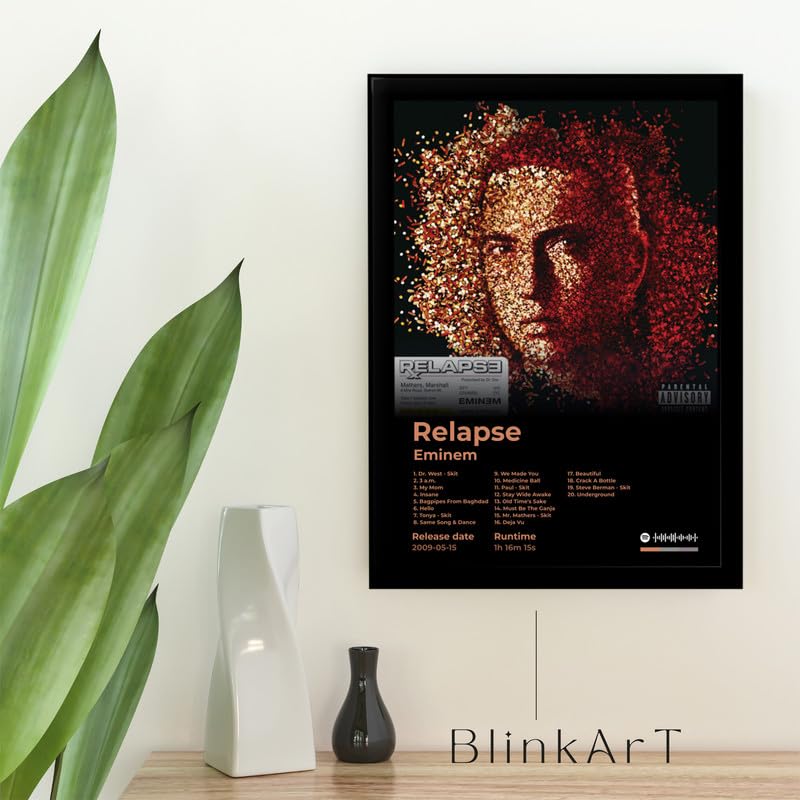 Image of BLINKART Eminem- Relapse Wall Photo Frames | Wall Art for Bedroom, Living Room, Studio or Office | Album Cover Print with Spotify Song Link QR Code | Gift for Fans - 8x12 In