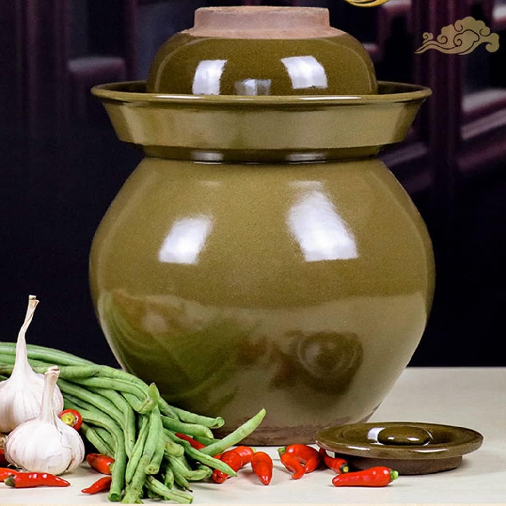 ZHOUXIAO Traditional Chinese Porcelain Pickle Jar, Green Thickened Fermentation Crock Pickling Pot,Fermenting Jar with Water Seal Airlock Lid Stoneware Fermenter for Kimchi S 10KG