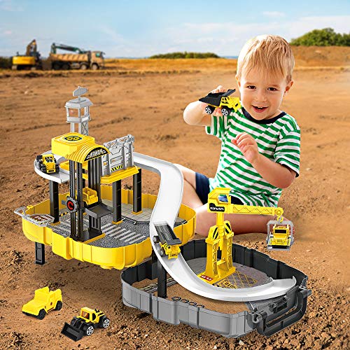 BeebeeRun Construction Vehicles for Kid - Engineering Construction Truck Parking Lot with Race Track,Helicopter,Bulldozer, Mixer Toy for 3 4 5 Year Old Boys, Toddlers, Kids,Children