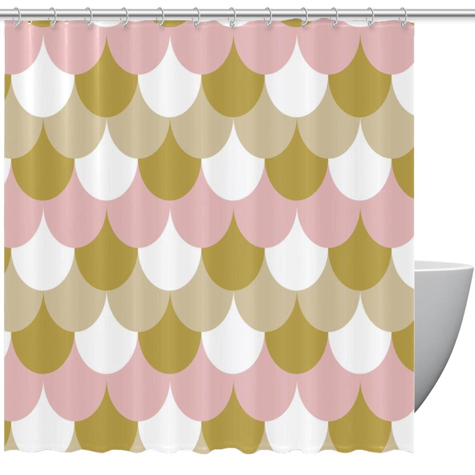 Rideau de douche imperméable anti-moisissure rose blanc doré motif sirène 183cm