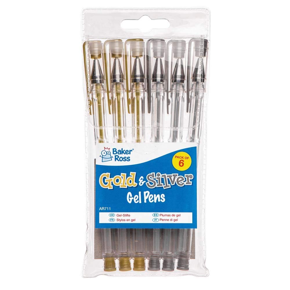 Baker Ross AR711 Gold & Silver Gel Pens (Pack Of 6) For Kids Arts And Crafts