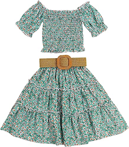 Image of Kids Baby Girls Outfits Floral Ruffle Off Shoulder Crop Tops + Bowknot Denim Shorts Skirt Set Toddler Summer Clothes