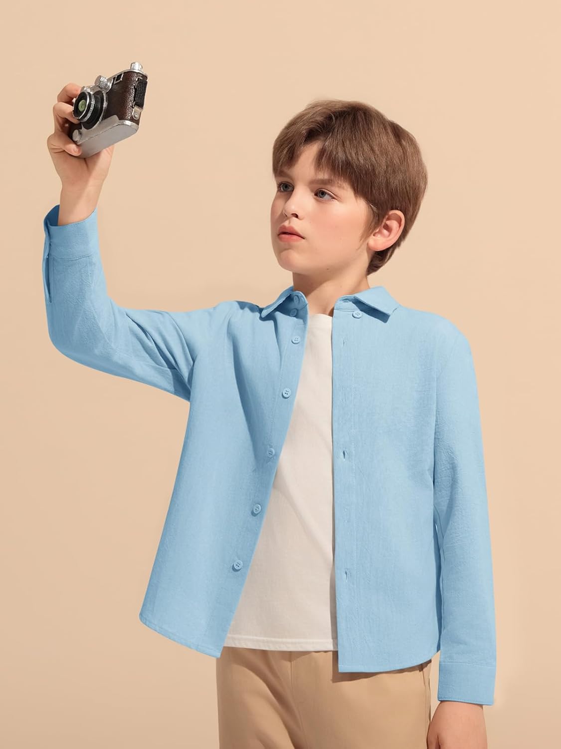 Haloumoning Boys Long Sleeve Button Down Shirt Kids Cotton Texture Dress Shirts School Uniform Shirt 5-14 Years - Image 2