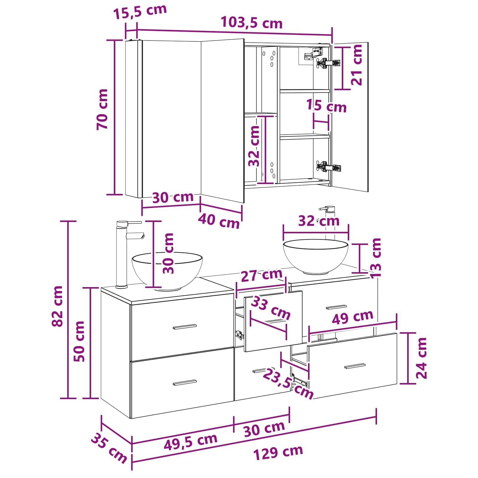 Juego de 4 muebles de baño de roble ahumado con espejo LED, montaje en pared, espacio de almacenamiento e iluminación USB para un diseño moderno de baño
