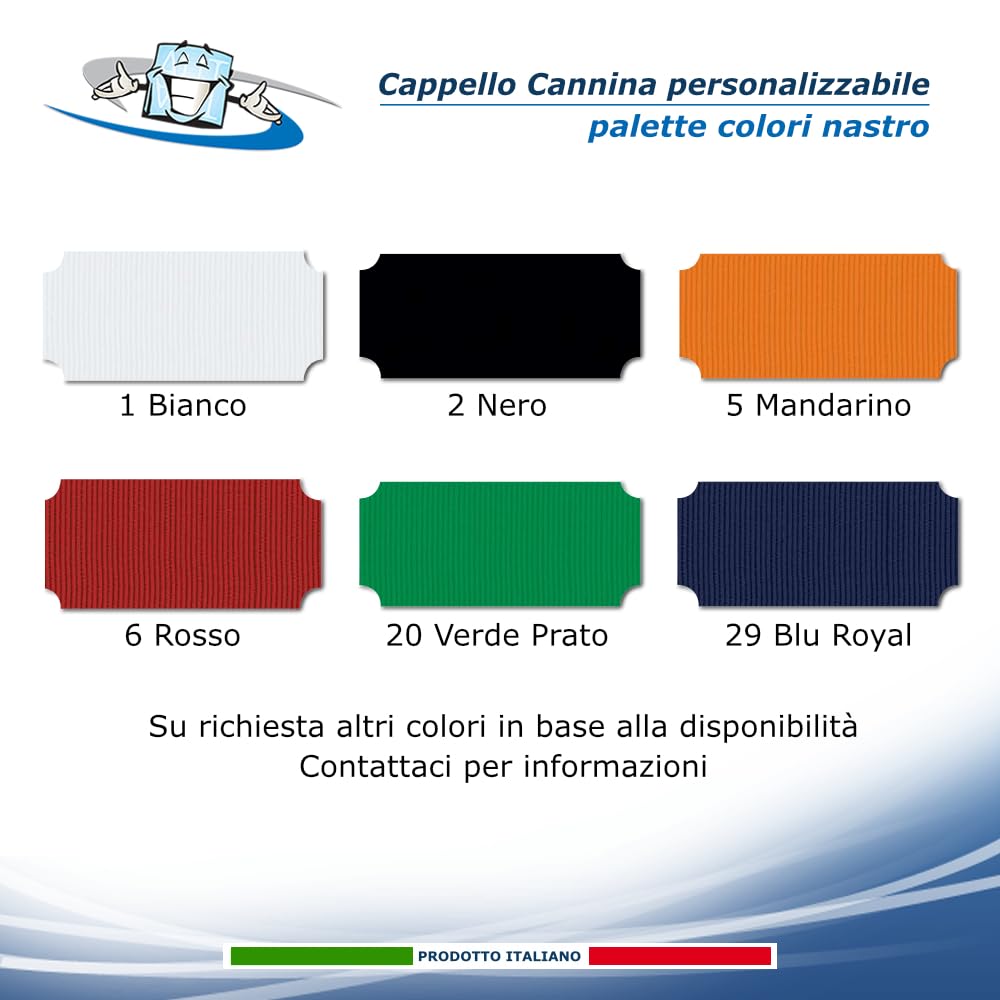 300 Cappelli personalizzati in Cannina 100 % Paglia Naturale disponibili 11 Modelli: Alpino, Cowboy, Borsalino, Pastorella, Indiana J., Gondoliere, Texano, Bombetta, Cubano con nastro personalizzato
