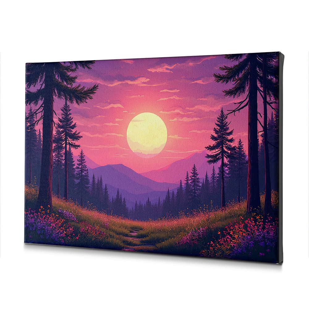 Toile forêt rustique contre les murs vides : l'éclat du coucher de soleil
