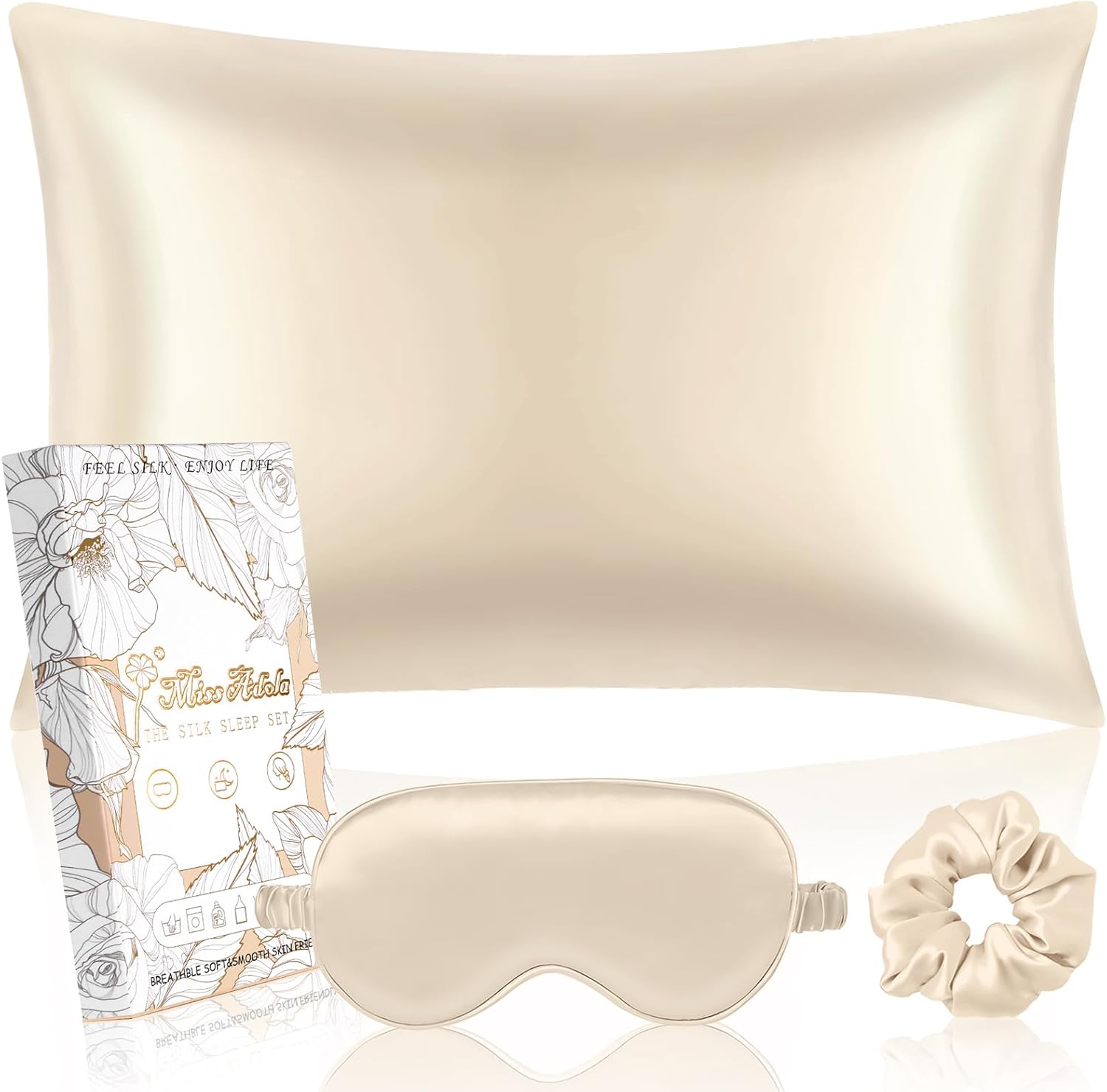 Miss Adola 1Pack Mulberry Silk Pillow Case for Hair and Skin Standard 26"x20" Silk Pillowcase with Eye Mask & Scrunchie Soft Silk Pillowcase Sleeping for Women, Wife, Female - Black Sun Moon