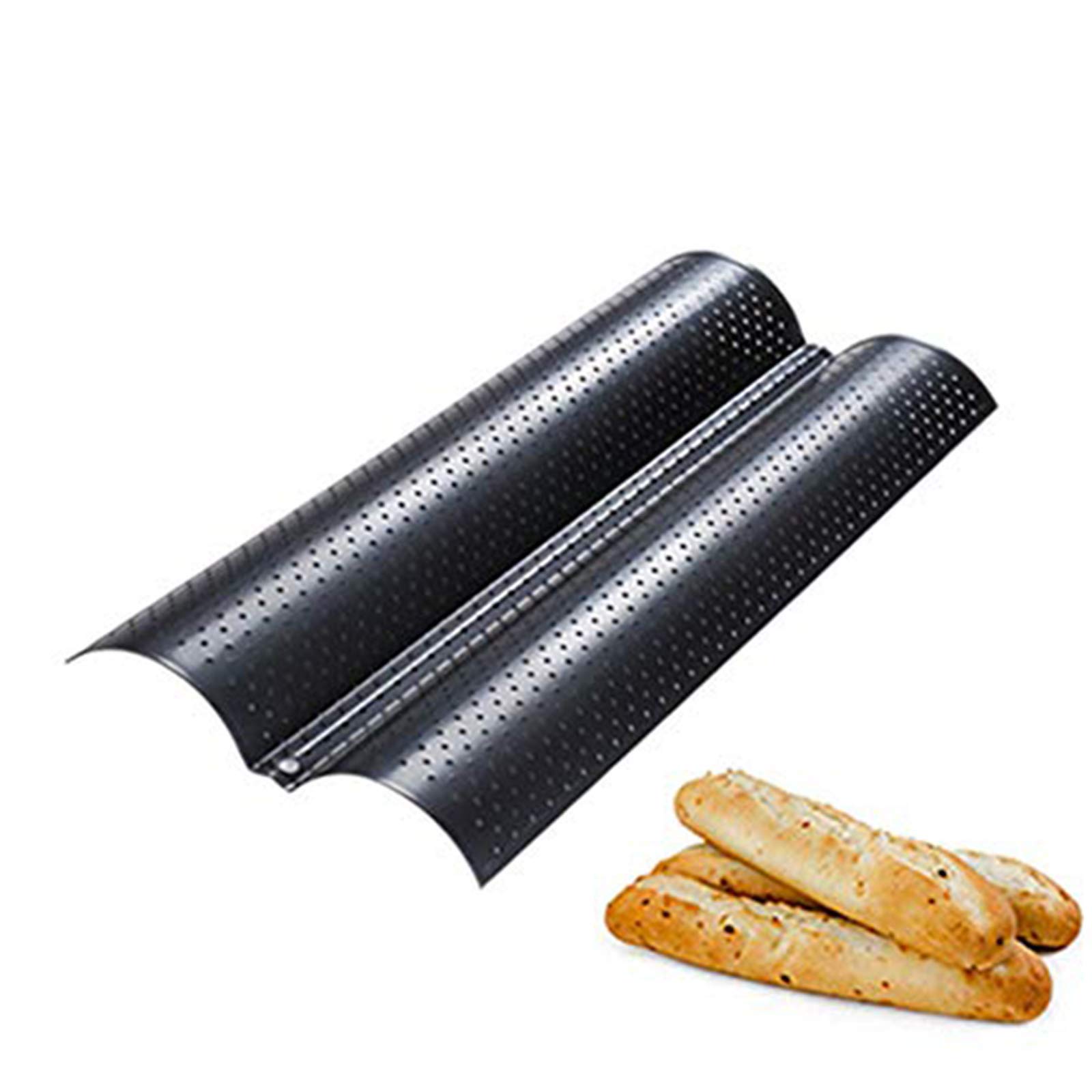 Baguette Baking Tray, Nonstick Wave Mould Fast and Evenly Heating, Perforated Baguette Kitchen Gourmet Making Pan, Baking Sheet, for French Bread, Stick Bread, Toast Maki(Black 2 Baguettes-2Pcs)