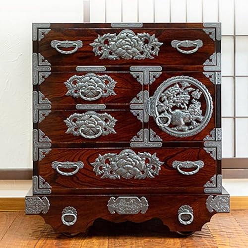 [彫金手打金具]仙台箪笥 中型車箪笥 ≪牡丹・唐獅子≫ 拭き漆塗り (申込書返送後、3ヶ月〜8ヶ月程度でお届け)