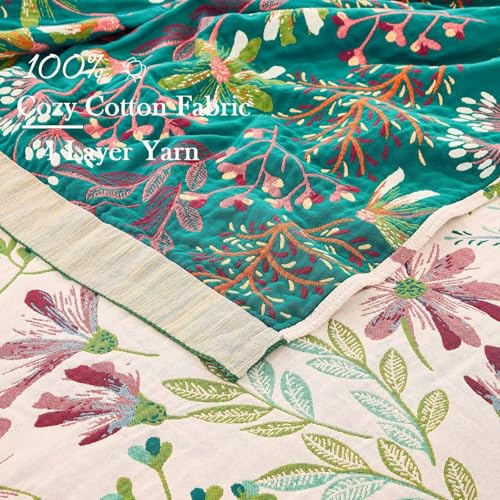 Image of XIBLC Boho Throw Blanket for Bed, 100% Cotton Soft Rustic Quilt Fall Blanket, 50 inchx60 inch Green Floral Printed Farmhouse Decor Bed Blankets, All Season Rustic Reversible Bohemian Throw Quilt