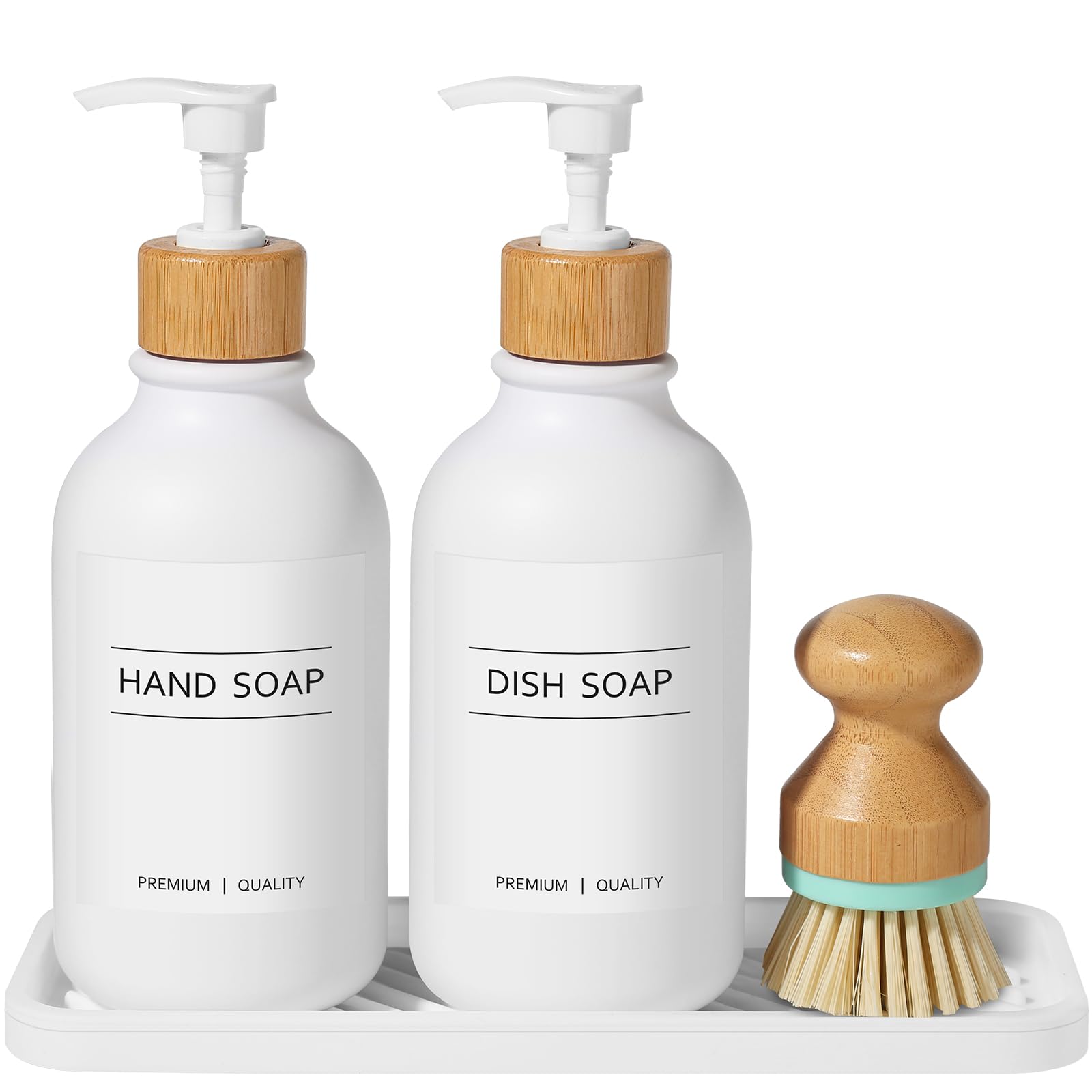 GMISUN Hand and Dish Soap Dispenser Set with Tray for Kitchen Sink, 500 ML Hand Wash Bottle for Bathroom with Bamboo Pump and Dish Brush, Farmhouse Lotion Washing Up Liquid Detergent DispensersGlobal Recycled StandardGlobal Recycled StandardGlobal Recycled Standard