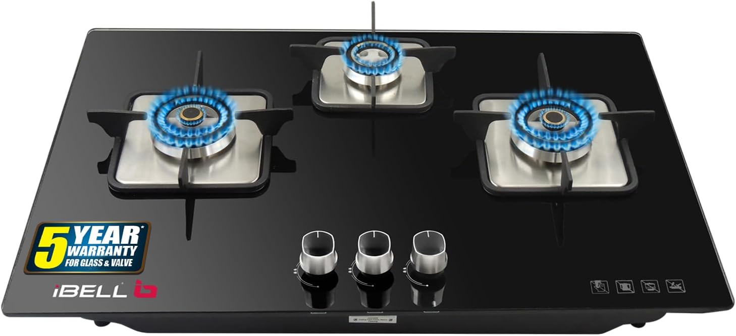 IBELL Aero3Bgh Hob 3 Burner Glass Top Gas Stove With Auto Ignition