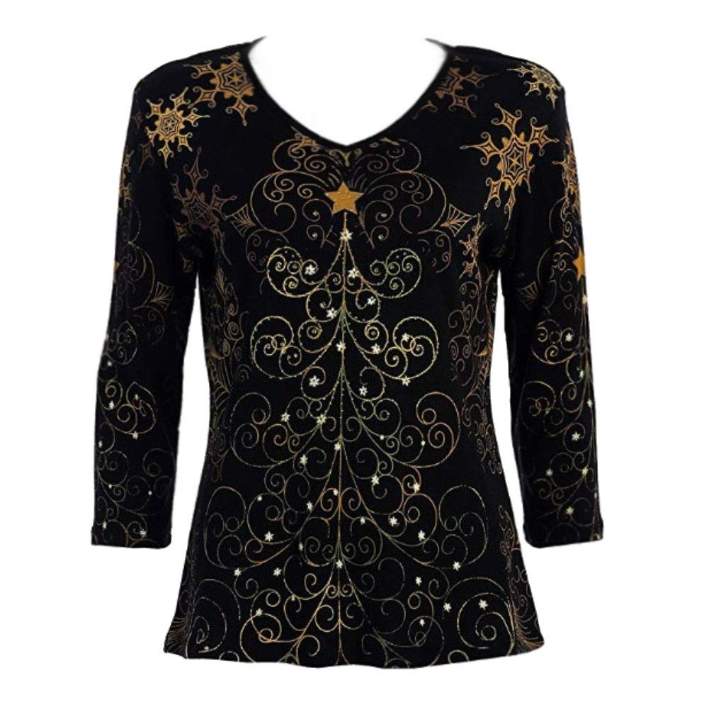 Jess & JaneChristmas Star, Cotton Top 3/4 Sleeve V-Neck Rhinestone Accents