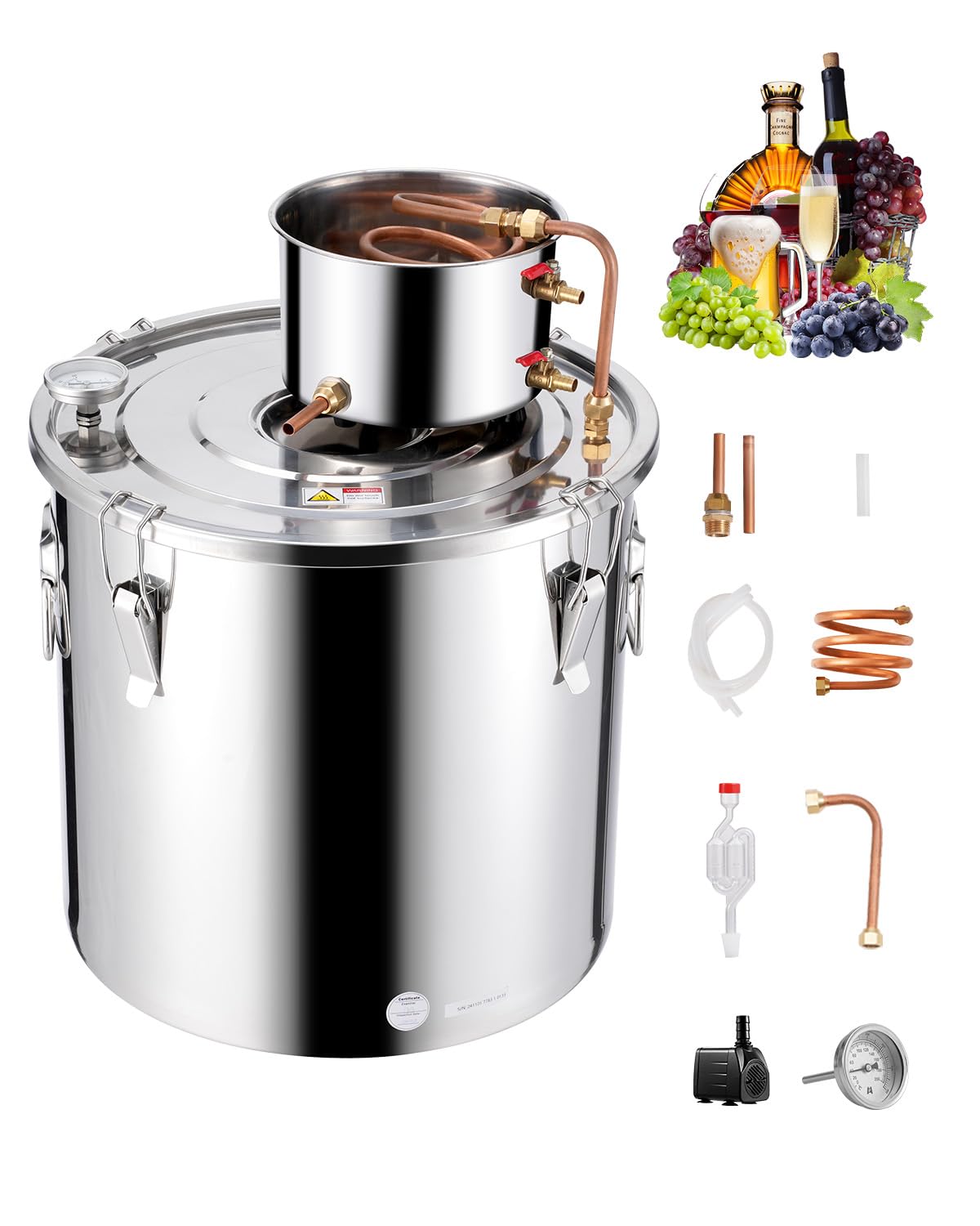 VEVOR Distillatore di Alcool 50 L Distillatore di Alcool Acqua in Acciaio Inossidabile con Bobina di Rame, Kit di Fermentazione per Raffinazione Birra Fatta in Casa con Termometro e Pompa, Argento