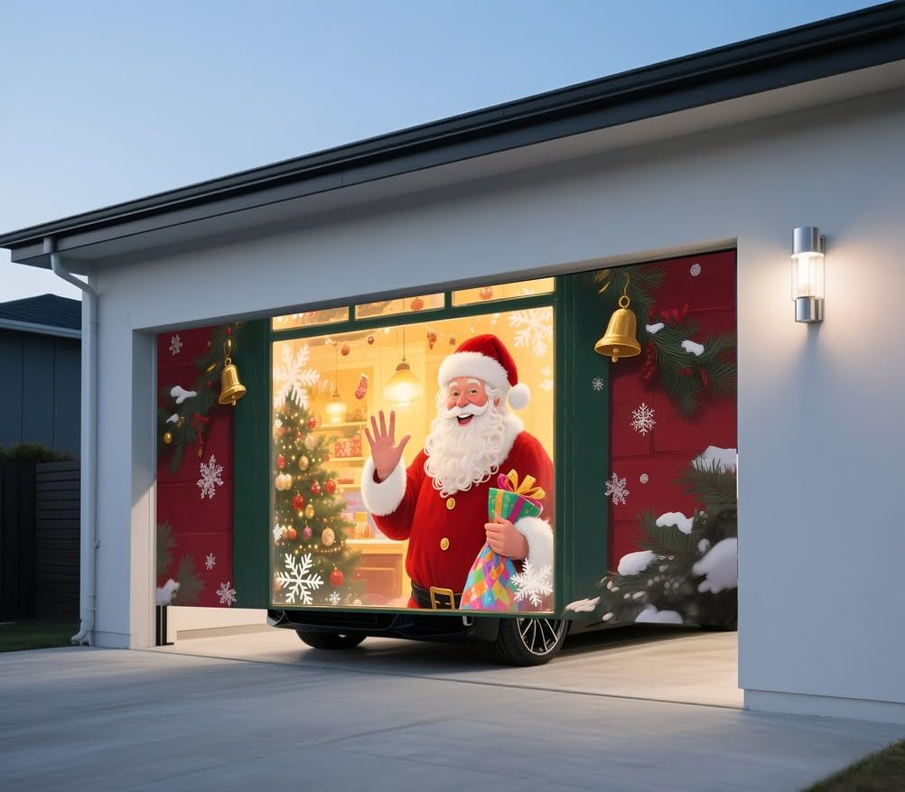 Christmas Garage Door Banner Decoration, 16 * 7FT Santa's Shop Garage Door Backdrop Decor, Large Christmas Backdrop Banner, for Outdoor Indoor Xmas Wall Decoration