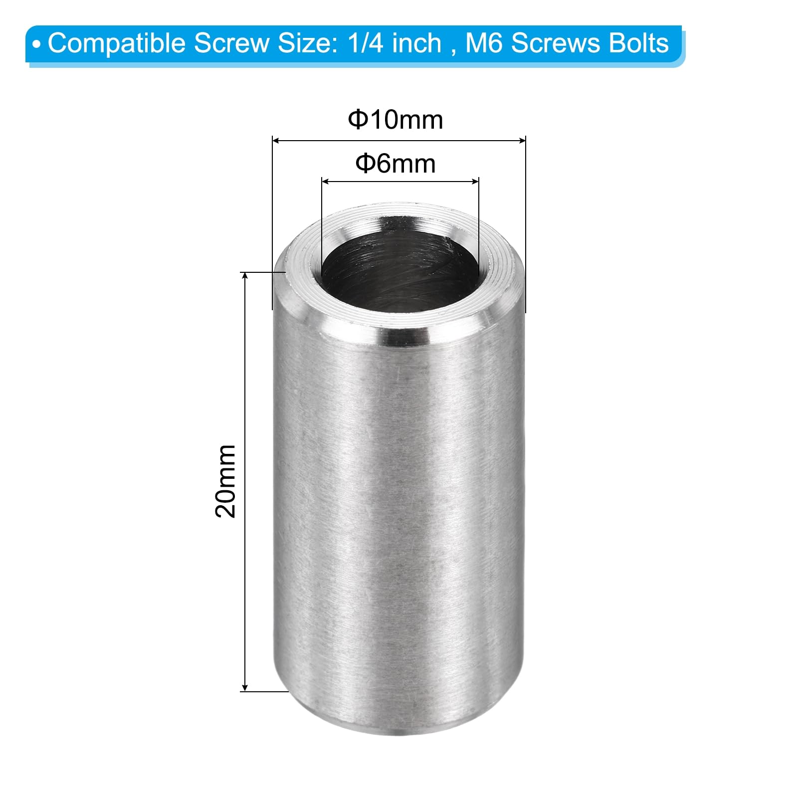 PATIKIL M6 Stainless Steel Spacers, 12Pcs Metal Spacer 6mm ID x 10mm OD x 20mm L Screw Standoff for 1/4" or M6 Screw - Image 2