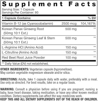 Fresh Start Vitamin B-12 2500 & Panax Ginseng with L-Arginine & L-Citrulline - Powerful Energy Booster | Supports Normal Blood Flow & Energy Metabolism | Supplement - 90 Capsules