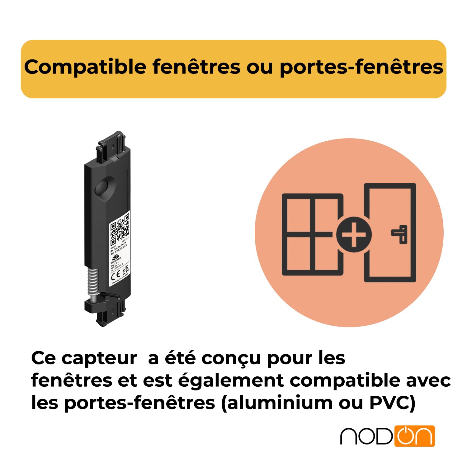 NodOn - EnOcean Detecteur Ouverture Fenêtre Sans Pile Sans Fil | Détecteur Ouverture pour Fenêtres ou Portes-Fenêtres Aluminium ou PVC - IP32 - Compatible avec Jeedom, eedomus, MyUbiwizz