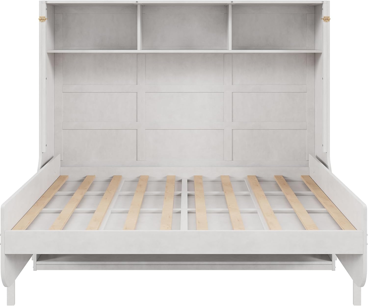 SOFTSEA Pine Wood Murphy Bed with Desk, Full Size Foldable Platform Bed with 3 Open Storage Cabinets, Space-Saving Hidden Wall Murphy for Home Guest Room, Antique White