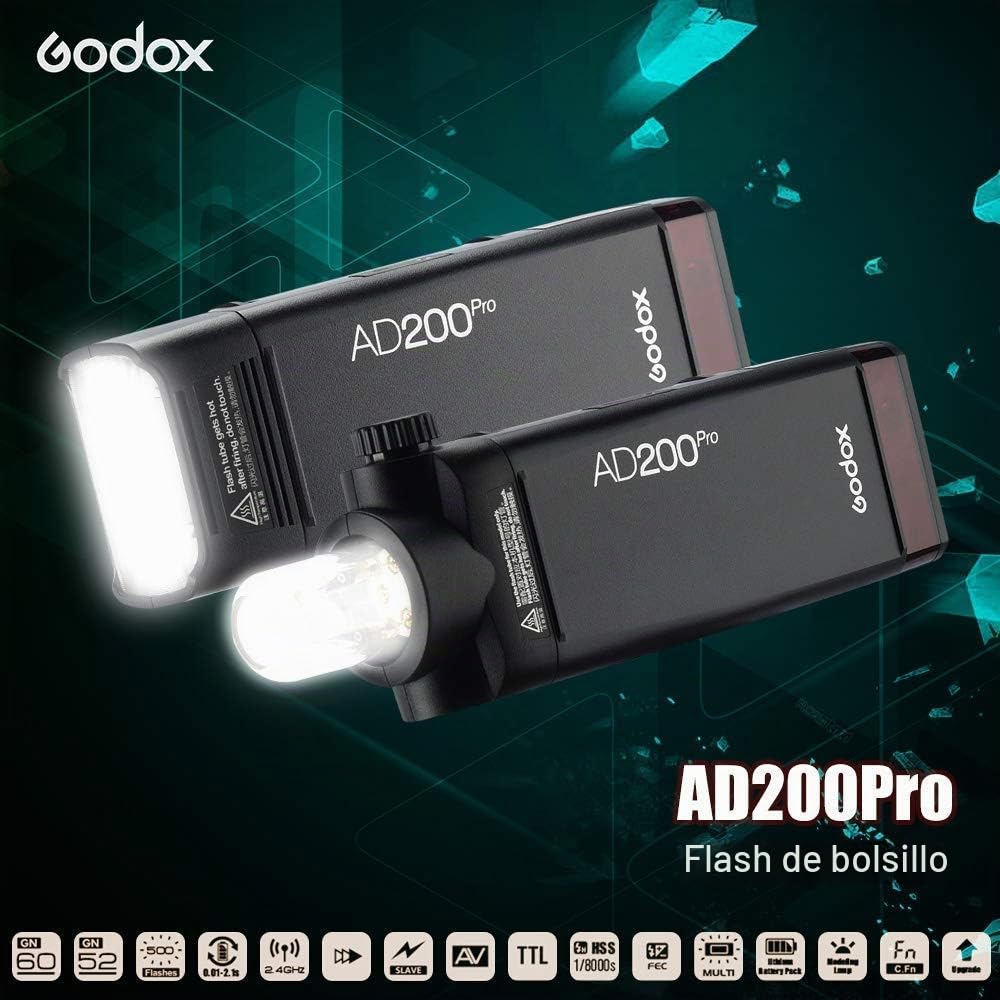 Godox AD200 Pro AD200Pro Flash Strobe, 200w 2.4G TTL 1/8000 HSS Speedlite con 2900mAh Batería de Litio, 500 Full Power Monolight，Bombilla Desnuda/Speedlite Fresnel Flash Cabeza
