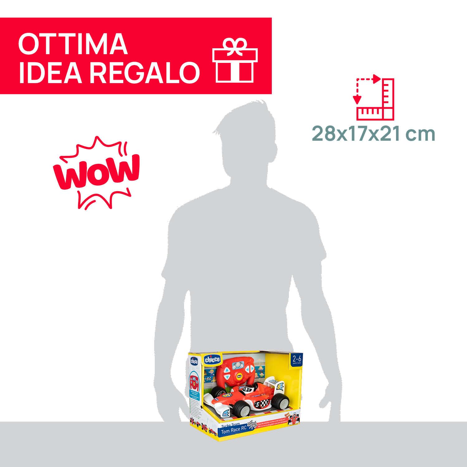 Chicco Tom Race RC, Macchinina Telecomandata, Design Sportivo, Telecomando Ergonomico e Intuitivo a Infrarossi, 4 Pulsanti Interattivi Direzionali, Suoni Reali Auto da Corsa, Giochi Bambini 2-6 Anni