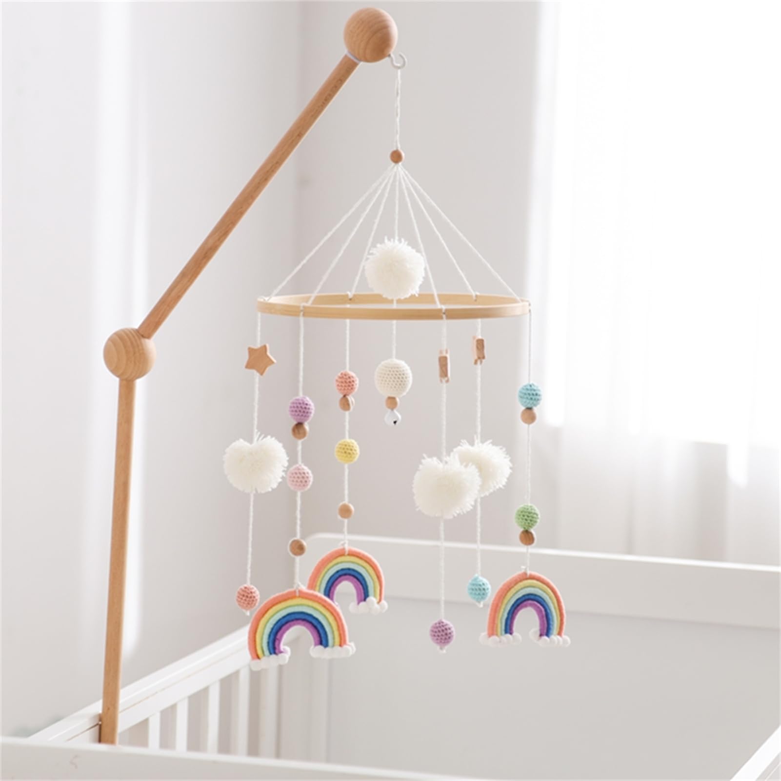 Herfair Mobiles Baby, Regenbogen Babybett Hölz Windspiele mit Bäll, Baby Mobile, Anhänger Babyzimmer Deko, Neugeborene Geschenk für Jungen Mädchen (Orange)