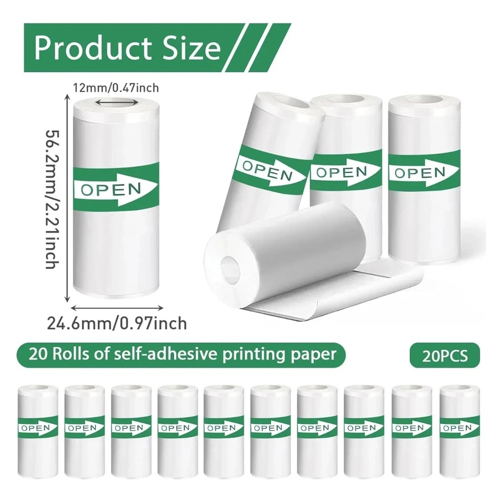 Rouleaux de Papier Thermique, Papier d'imprimante Thermique Auto-adhésif, étiquettes for imprimante Photo, 5.7x2.5cm, Paquet de Plusieurs Rouleaux | 15 Rolls