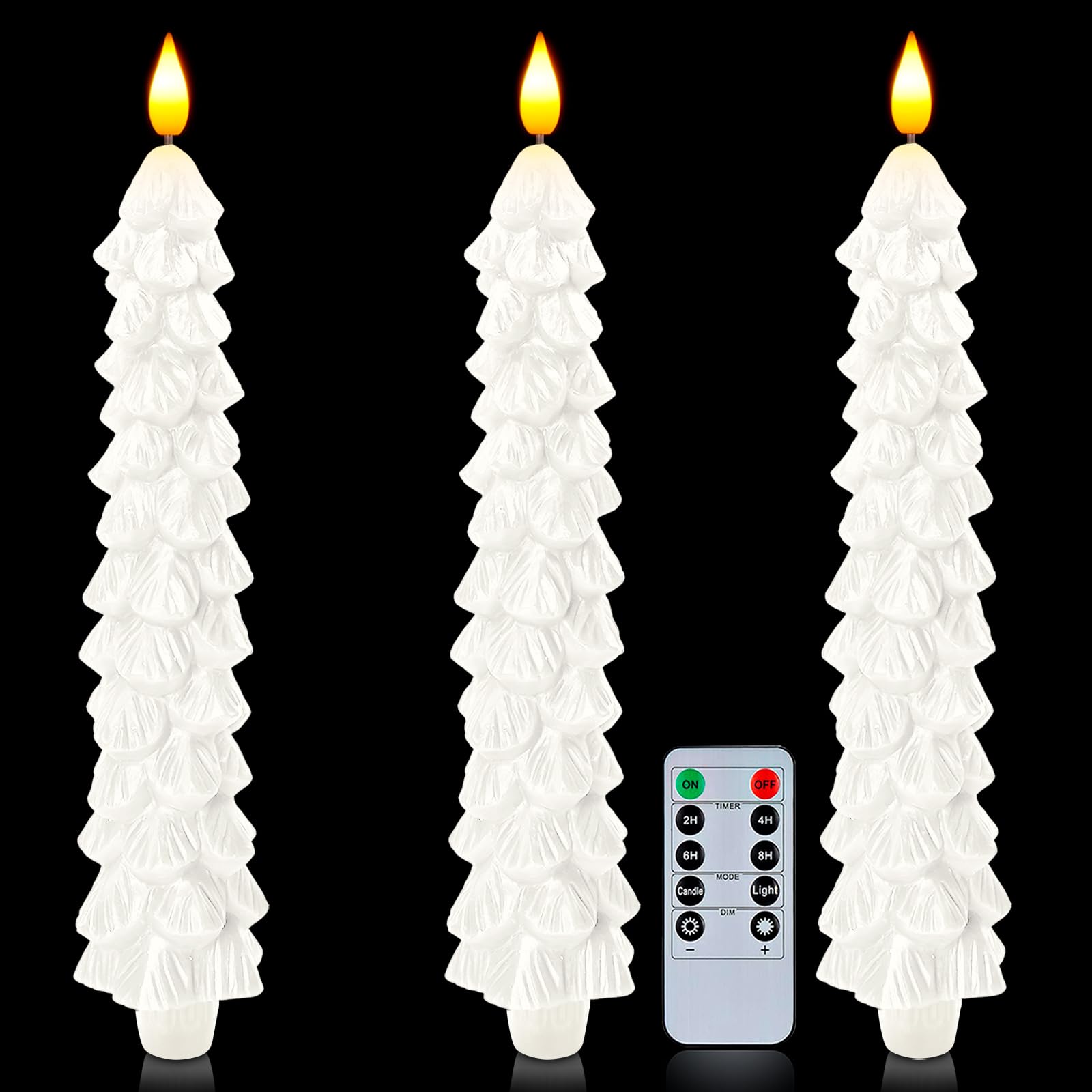 Homemory 3 Pcs Christmas Tree Candles with Remote, Waxy Flameless Taper Candles Flickering, White LED Candlesticks Battery Operated for New Year Celebration Holiday Decorations 9.7 Inches
