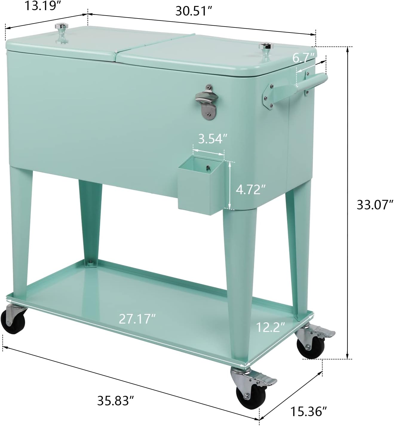80 Quart Rolling Cooler Cart with Shelf and Bottle Opener for Patio Party