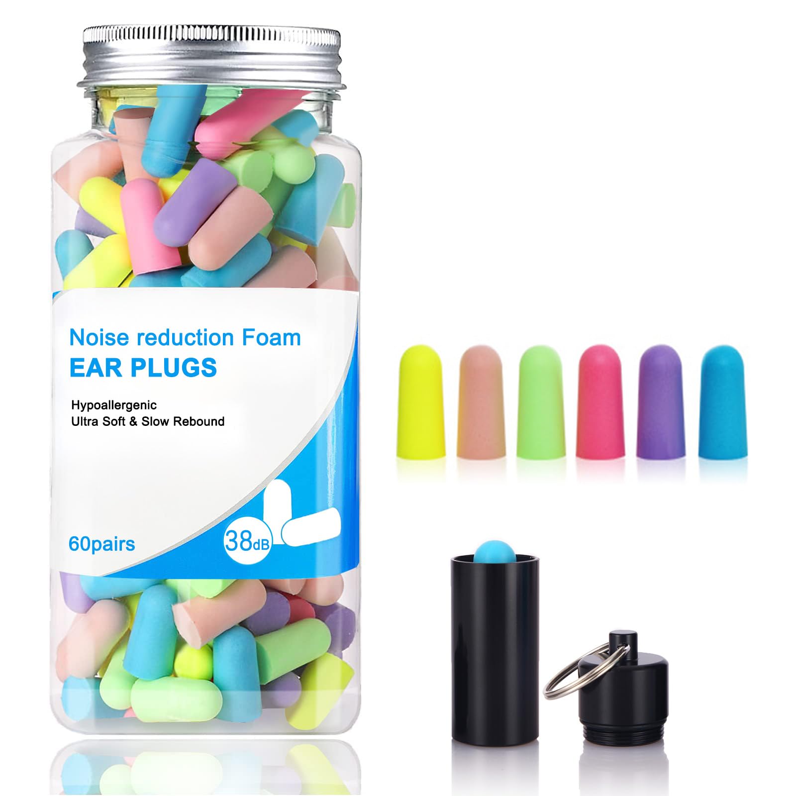 60 Pairs of Bottled PU Foam Ultra-Soft Earplugs for Good Sleep - Slow Rebound Anti-Noise Earplugs with 38dB Noise Reduction and Sound Insulation (Mixed Colors)