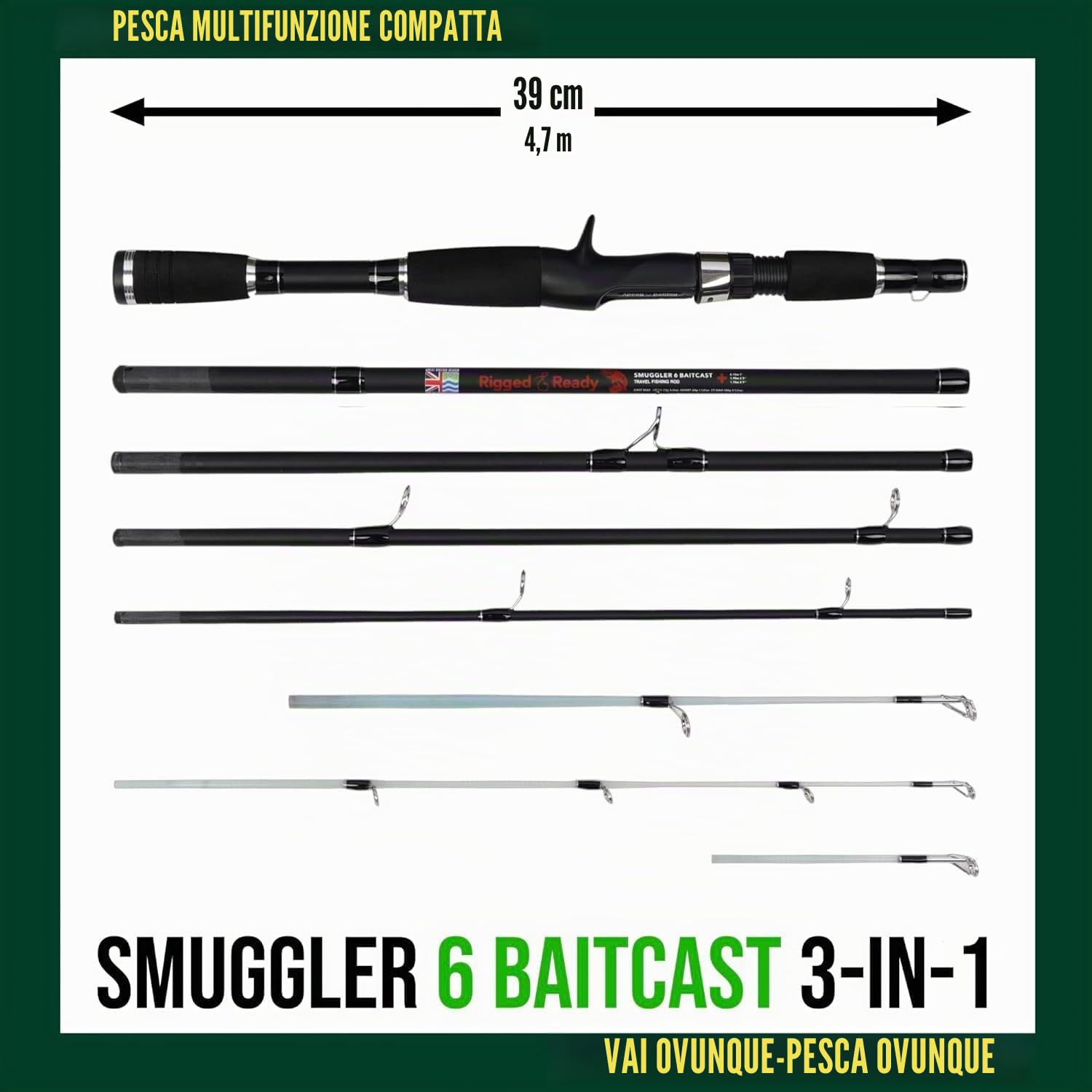 Rigged and Ready - Canne da pesca da viaggio serie Smuggler, 4 lunghezze uniche e super compatte per canne multifunzione con 2 o 4 punte per pesca attiva su pesci d'acqua dolce e marina