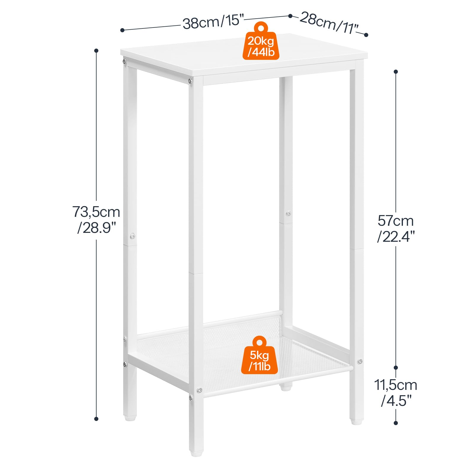 HOOBRO Wysoki stolik pod telefon z regulowaną półką z siatki wąski stolik nocny stolik kawowy 38 x 28 x 735 cm do biura przedpokoju salonu industrialny design biały EWW03DH01