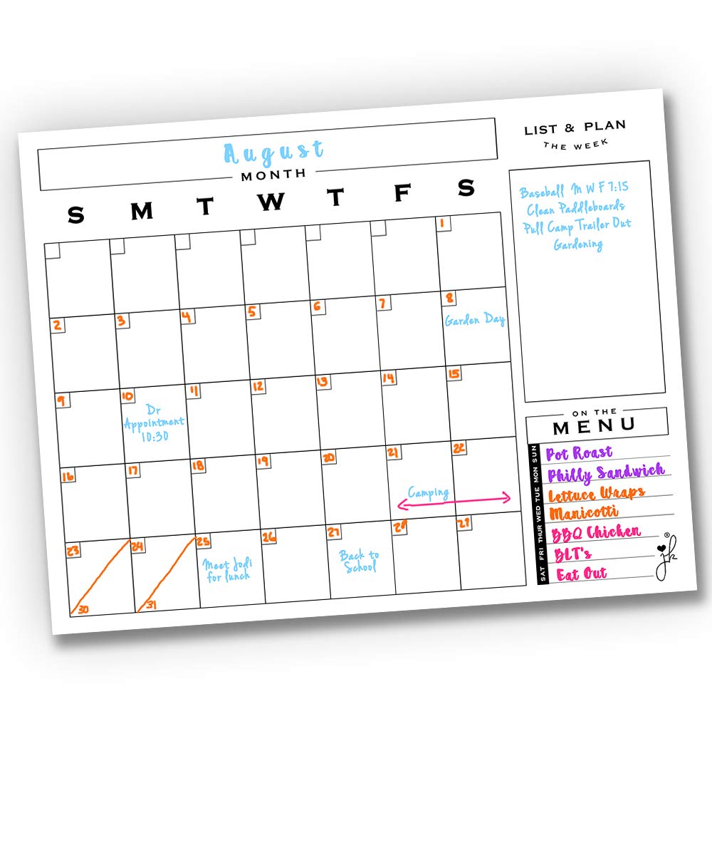 Jennakate - Monthly Calendar for Fridge -Dry Erase Flexible Whiteboard Magnet with Menu -Mid Mod Style (18