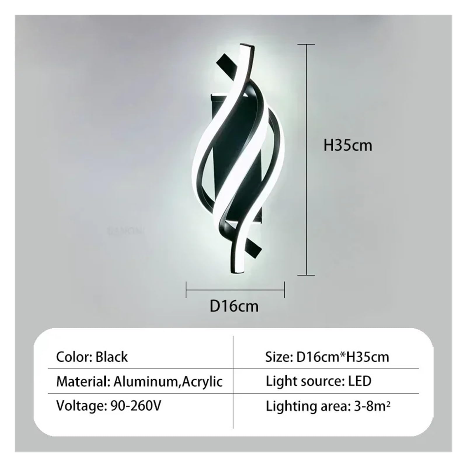 Luz LED para cuadros Lámpara LED de pared moderna con diseño curvo, lámpara en espiral for sala estar, dormitorio, cabecera, pasillo, decoración del hogar, accesorios iluminación(Black 1 Pcs)
