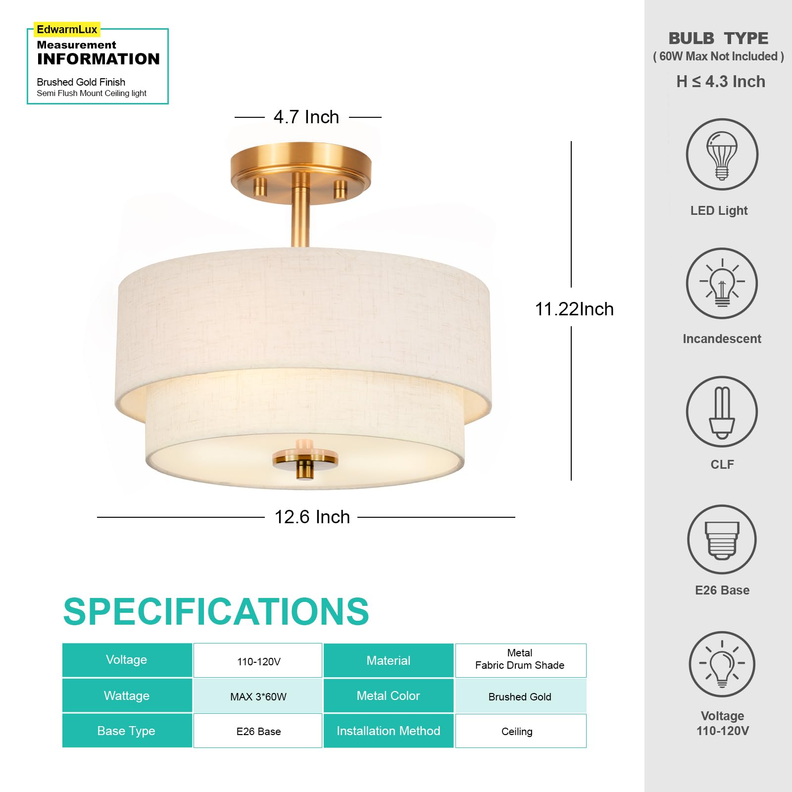 Edwarmlux 3-Light Semi Flush Mount Ceiling Fixture – 12.6" Gold Drum With White Fabric Shade, Modern Close-to-Ceiling Light For Living Room, Bedroom, Kitchen, Hallway