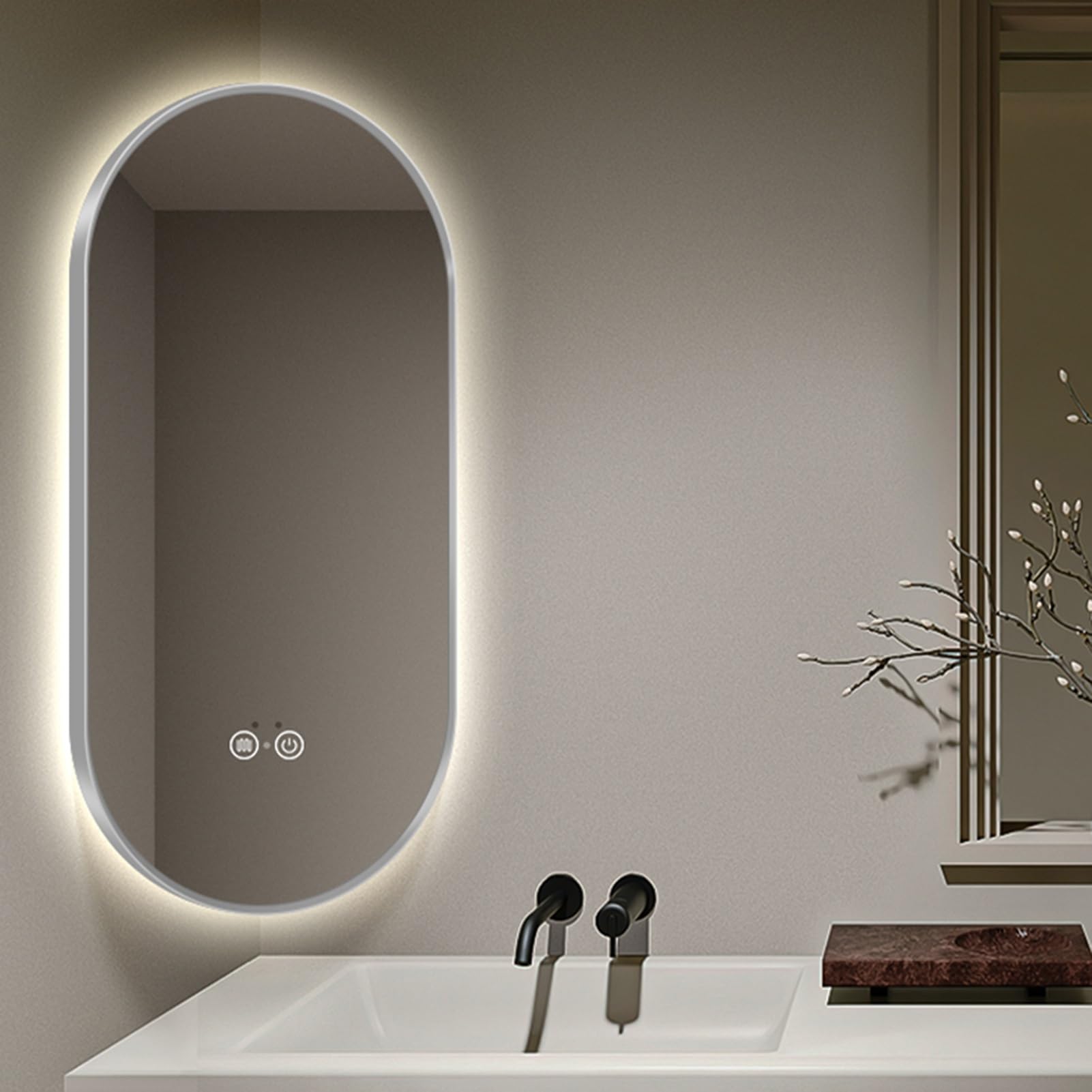 YCOVSFP Swivel Corner Mirror,Illuminated Oval Wall-Mounted Mirror,Bathroom Mirror with Aluminum Alloy Frame,Infinitely Dimmable in 3 Colors,for Home and Hotel(Silver,50x80cm)