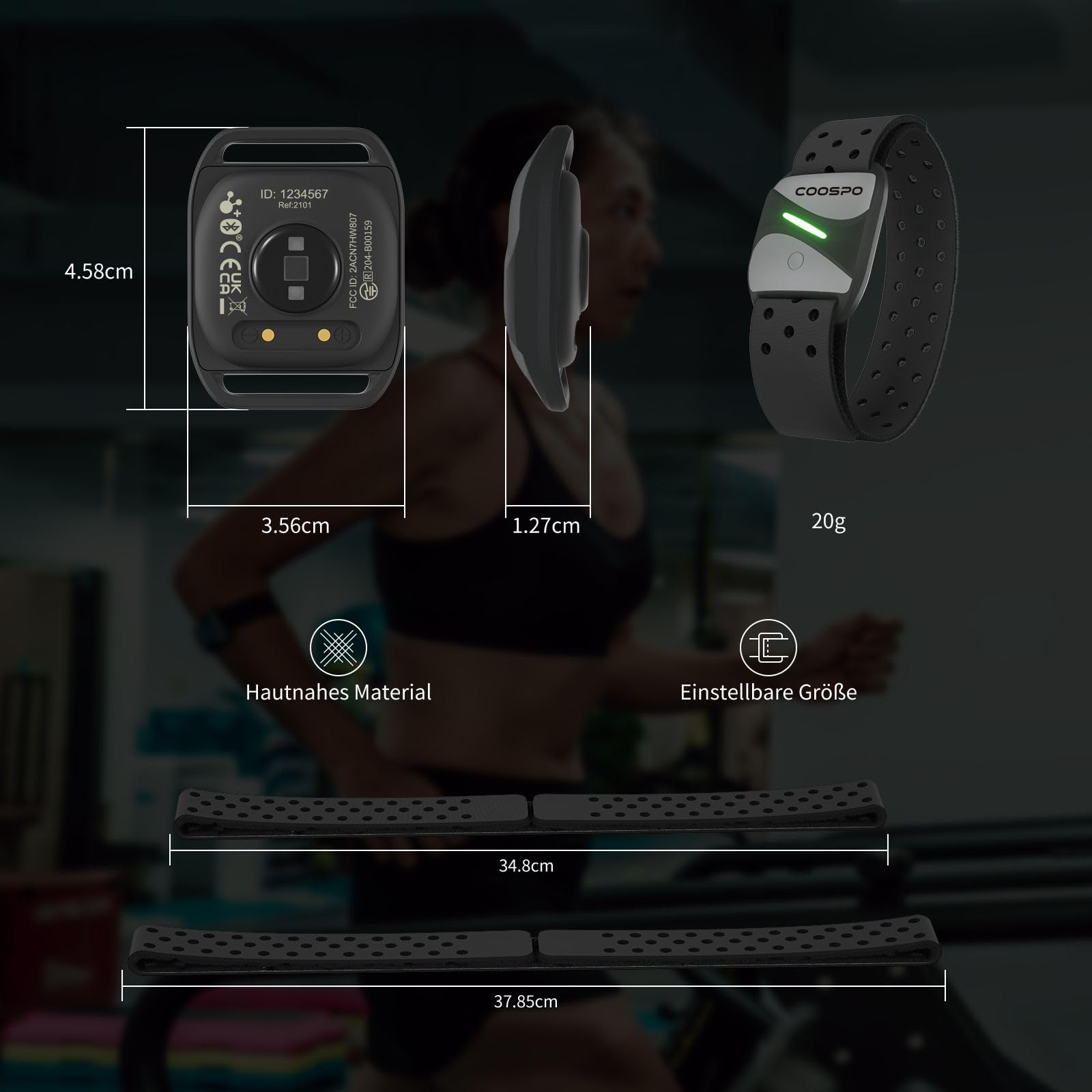COOSPO HW807 Herzfrequenzmesser Armband HRV Herzfrequenz-Trainingsbereich per Bluetooth5.0/ ANT+, Sensor LED Pulsmesser Armgurt IP67 Wasserdichter, Wiederaufladbar Kompatibel mit Wahoo, Zwift, Strava