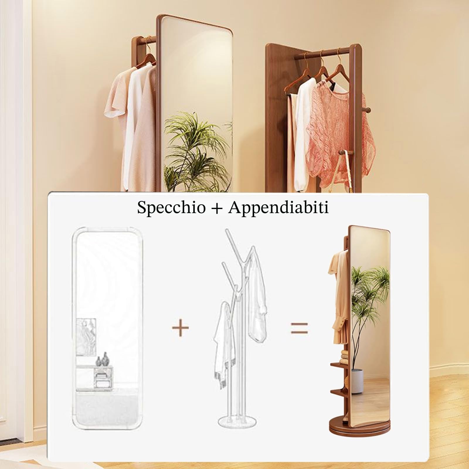 Specchio a figura intera, Specchio da pavimento in legno girevole a 360°, Appendiabiti con Specchi, Specchios lungo da terra per soggiorno, camera da letto e appartamento